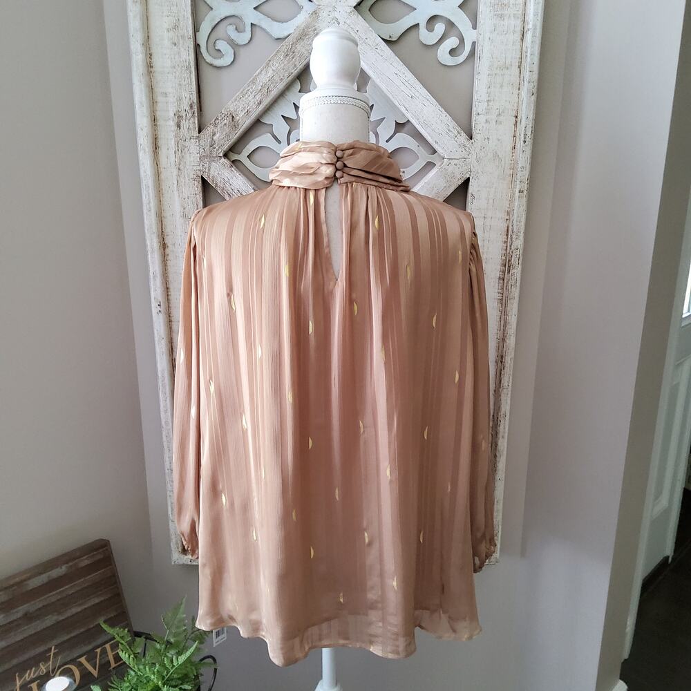 Zac & Rachel 3/4 Sleeve Mock High Neck Chiffon Blouse Gold Foil Shadow Stripe - Picture 6 of 10